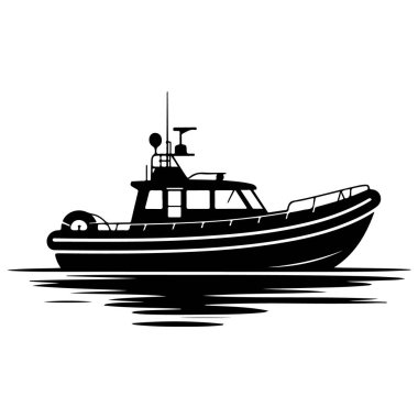 Bir sahil güvenlik teknesinin silueti beyaz arka planda izole edilmiş, denizdeki güvenlik ve arama kurtarma operasyonlarının sembolü.