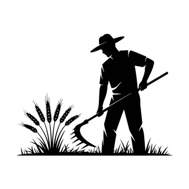 Beyaz arka planda izole edilmiş bir tırpanla buğday toplayan bir çiftçinin silueti geleneksel tarım uygulamalarını temsil ediyor.