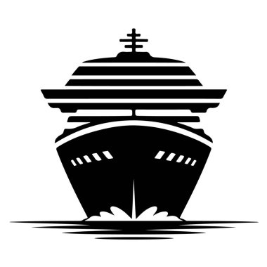 Beyaz arka planda izole edilmiş bir yolcu gemisinin silueti. Zevk yolculukları ve tatiller için kullanılan büyük bir yolcu gemisi.