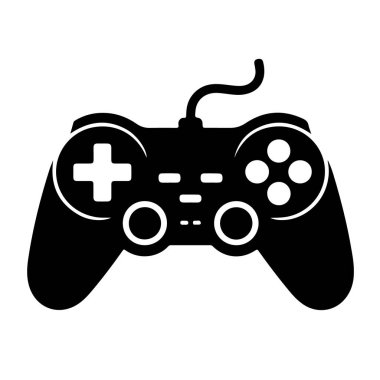 Beyaz arka planda izole edilmiş, basit bir tasarımla oyun ve eğlenceyi temsil eden bir siyah oyun denetleyicisi tasviri