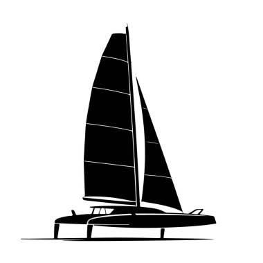 Beyaz arka planda izole edilmiş bir yelkenli katamaran silueti, boş zamanların ve eğlence amaçlı su araçlarının bir sembolü.