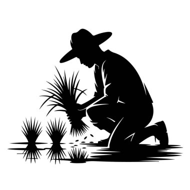 Beyaz arkaplan vektör çizimine izole edilmiş bir tarlaya pirinç fideleri eken bir çiftçinin silueti