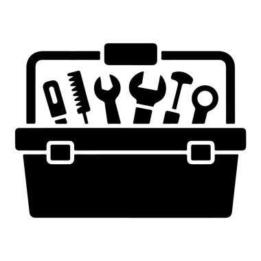 Onarım ve bakım işleri için beyaz arkaplanda izole edilmiş çeşitli araçlarla dolu bir araç kutusunun çizimi