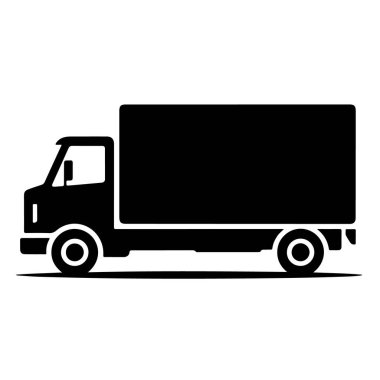 Siyah teslimat kamyonu silueti, ulaşım ve lojistik amaçlar için beyaz arka planda izole edildi