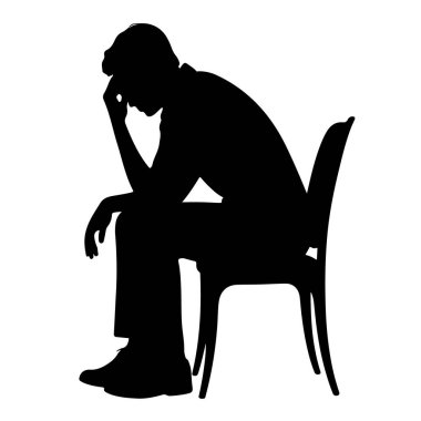 Kafası elinde beyaz arka planda izole bir şekilde sandalyede oturan bir adamın silüeti.