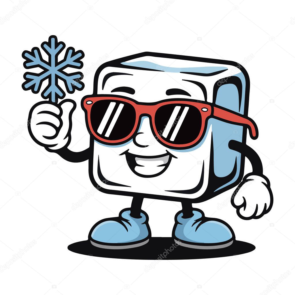Cool ice cube cartoon character with sunglasses holding a snowflake isolated on white background, exuding freshness