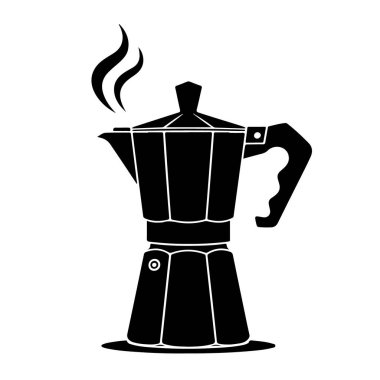 Buharlı klasik moka pot çizimi, beyaz arka planda izole edilmiş, kahve dükkanları ve tasarımlar için mükemmel.