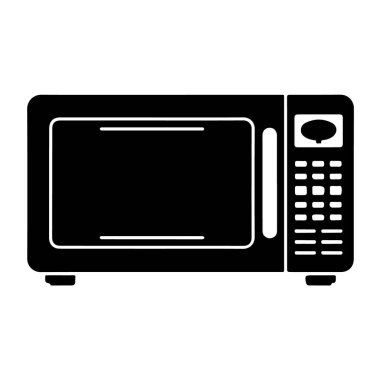 Beyaz zemin üzerinde izole edilmiş mikrodalga, kontrol paneli ve kapı ile ısıtma gıdası