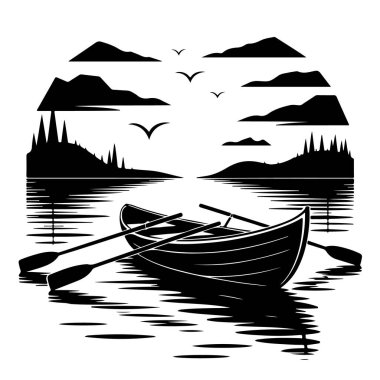 Huzurlu bir göl sahnesi. Beyaz arka planda izole edilmiş suda huzur içinde yüzen bir kayık ve kürek.