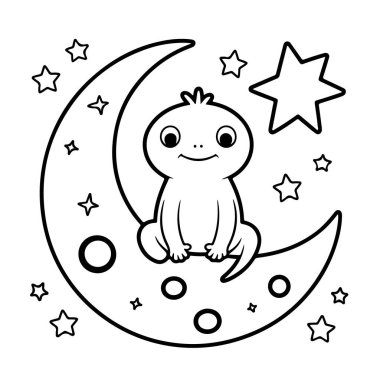 Ay 'da oturan sevimli kertenkele boyama kitabı için beyaz arka planda izole edilmiş yıldızlarla çevrili.