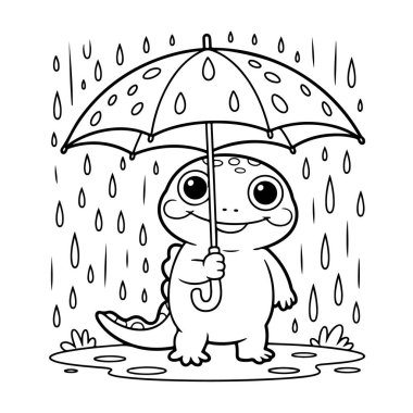 Yağmurda şemsiyenin altında duran sevimli çizgi film kertenkelesi boyama kitabı için beyaz arka planda izole edilmiş.