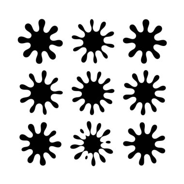 Beyaz arka planda izole edilmiş dokuz siyah mürekkep sıçraması, soyut tasarım elementleri