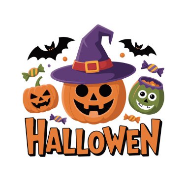 Cadılar Bayramı balkabağı, cadı şapkası, şeker, yarasalar ve beyaz arka planda izole edilmiş ürkütücü süslemeler.