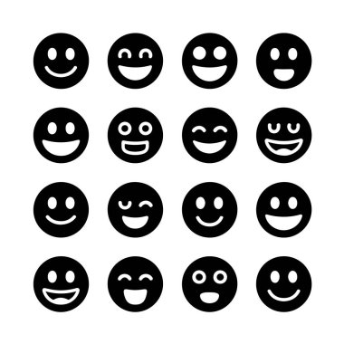 Beyaz arka planda izole edilmiş, farklı ifadelere sahip on altı tane siyah gülen yüz simgesi.