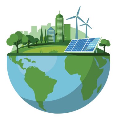 Dünya üzerindeki güneş panelleri ve rüzgar türbinleriyle sürdürülebilir şehir manzarası, yeşil enerji ve çevre korumasını temsil ediyor