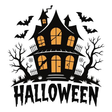 Yarasaları ve ağaçları olan ürkütücü perili bir ev, cadılar bayramı mesajı, beyaz arka planda izole edilmiş.