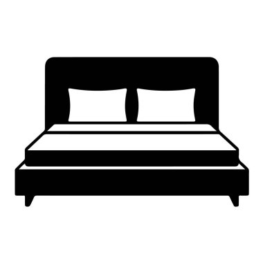 Beyaz arka planda izole edilmiş, iki yastıklı bir yatağın ve bir yatağın basit siyah beyaz çizimi.