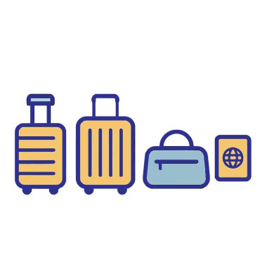 Seyahat valizi simgesi beyaz arkaplan valiz, el çantası ve seyahat ve tatil için pasaport izole