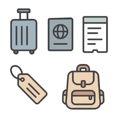 Beyaz arka planda izole edilmiş valizler, pasaport, bilet, etiket ve sırt çantası da dahil olmak üzere seyahat gereksinimleri