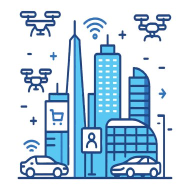 İnsansız hava araçları, arabalar ve mavi arka planda izole edilmiş modern binaları olan akıllı bir şehrin tasviri