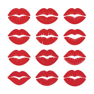 Beyaz arkaplanda izole edilmiş farklı ifadelere sahip kırmızı dudaklar kümesi