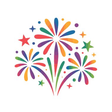 Renkli soyut havai fişekler beyaz arka planda izole edilmiş şenlikli bir ekranda patlıyor.