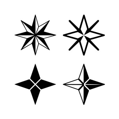 Dört yıldız şekilli, pusula gül elementleri ve beyaz arkaplanda izole edilmiş geometrik yıldız patlaması simgeleri.