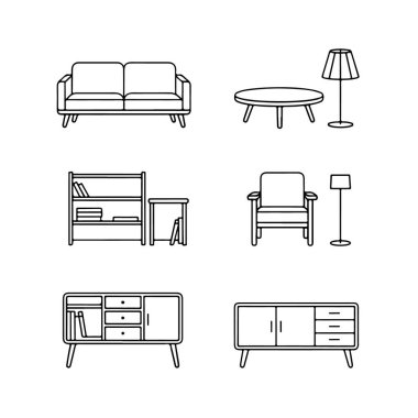 Beyaz arka planda izole edilmiş oturma odası ve yatak odası için çeşitli mobilya parçalarını temsil eden çizgi sanat simgeleri koleksiyonu