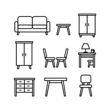 Ev dekorasyonu ve iç tasarım için çeşitli mobilya parçalarını temsil eden çizgi resim simgeleri seti