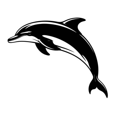 Okyanusta yüzen siyah beyaz bir yunus logo, amblem ve dövme tasarımı için beyaz zemin üzerinde izole edilmiş.