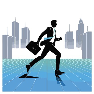Beyaz arka planda izole edilmiş evrak çantasıyla şehirde koşan bir iş adamının silueti hırsı ve kararlılığı simgeliyor.