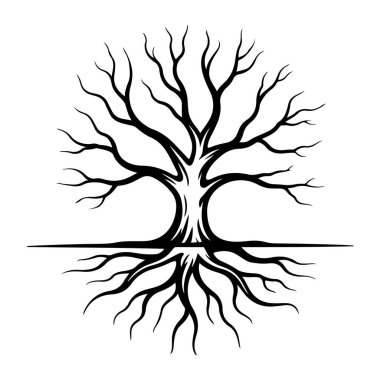 Kökleri logo, amblem ve dövme tasarımı için beyaz arka planda izole edilmiş, yaşamı ve büyümeyi temsil eden bir ağaç.