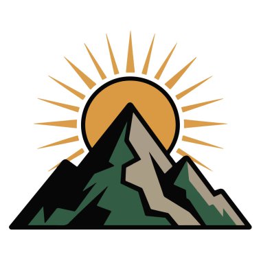 Beyaz arkaplanda güneşli dağ zirvesi dağ logosu dağ vektörü ikon çizimi
