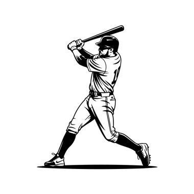 Beyzbol oyuncusu sopayı sert bir şekilde sallıyor, topa vurmaya hazır, beyaz arkaplan vektör çiziminde izole edilmiş.