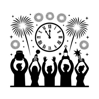 Yeni yıl arifesini beyaz arka planda izole edilmiş havai fişek ve saatle kutlayan insanların silueti