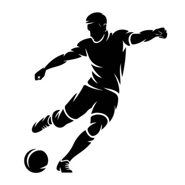 Beyazların arka planında izole edilmiş büyük bir güçle topa vuran bir futbolcunun silueti atletizm ve beceri gösteriyor.