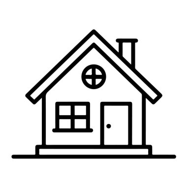 Tasarım ögesi kullanımı için beyaz zemin üzerinde izole edilmiş bacası, penceresi ve kapısı olan basit bir evin tasviri