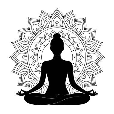 Nilüfer pozisyonunda meditasyon yapan beyaz arka planda izole edilmiş, barış sembolü mandala geçmişi olan bir kadının silueti.