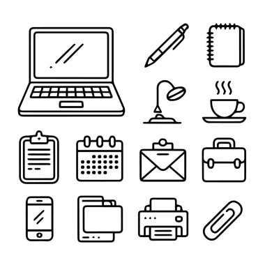 Ofis ve iş simgelerinin toplanması beyaz arkaplanda izole edildi