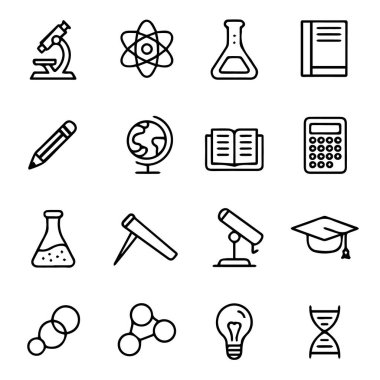 Mikroskop, atom, matara, kitap, beyaz arka planda izole edilmiş bilim ve eğitim ikonları