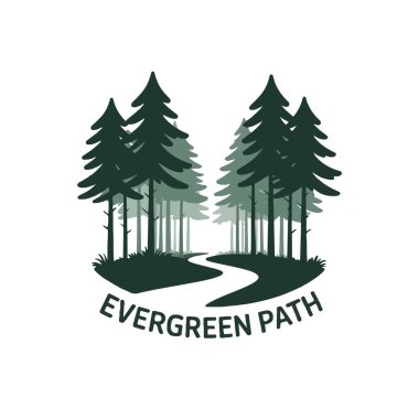 Koyu yeşil çam ağaçlarının arasından geçen Evergreen yolu, beyaz arka planda izole edilmiş doğal bir logo tasarımı.
