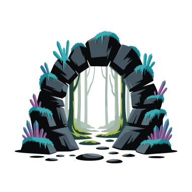 Parlayan kristalleri ve yosunlarıyla beyaz arka planda izole edilmiş büyülü bir ormanda antik taş kemer yolu.