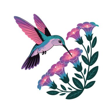 Parlayan mor ve mavi çiçeklerle beslenen parlak tüylü canlı sinekkuşu.