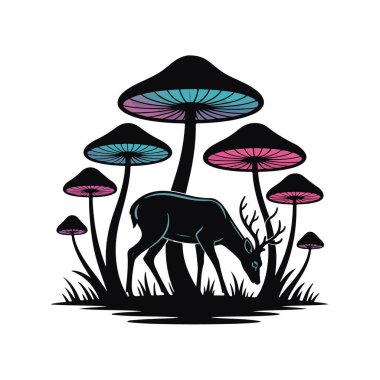 Siyah bir siluet, beyaz arka planda izole edilmiş, büyük, renkli mantarların arasında otlayan bir geyik silueti.