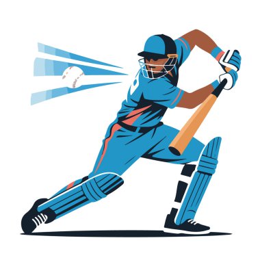 Kriket oyuncusu bir beyzbol sopasıyla topa vuruyor, dinamik illüstrasyon beyaz arka planda izole edilmiş.