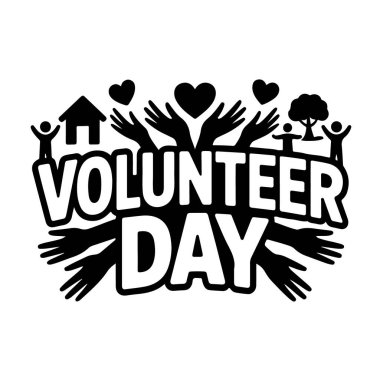 Gönüllü gün vektör illüsü beyaz arka planda izole edilmiş eller, kalpler, bir ev, bir ağaç ve insanlar