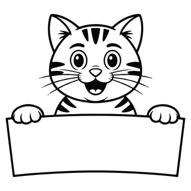 Sevimli çizgi film kedisi elinde boş bir pankart tutuyor. Özel mesajını beyaz arkaplanda izole etmek için mükemmel.