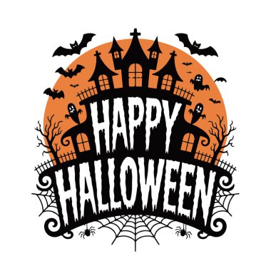 Perili ev, yarasalar, hayaletler ve beyaz arka planda izole edilmiş örümcek ağıyla Cadılar Bayramı vektör ilüstrasyonunuz kutlu olsun.