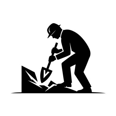 Kürekle kazı yapan bir adamın silüeti beyaz arka plan kavramı olan sıkı çalışma ve madenciliğe izole edilmiş.