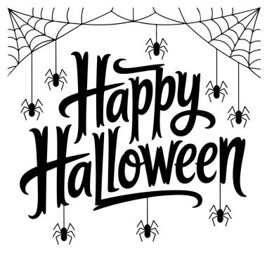 Korku dolu bayram kutlamaları için beyaz arka planda örümcekler ve ağlarla dolu mutlu cadılar bayramı mektupları.